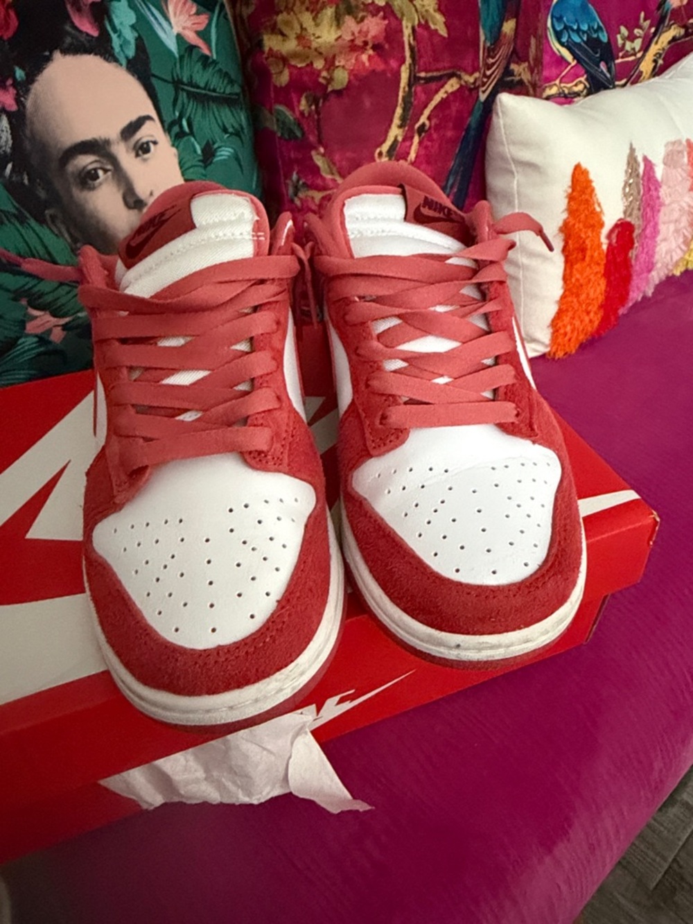 Nike Dunk Low Red and White Suede Sneakers with Burgundy Swoosh - Picture 9 of 10